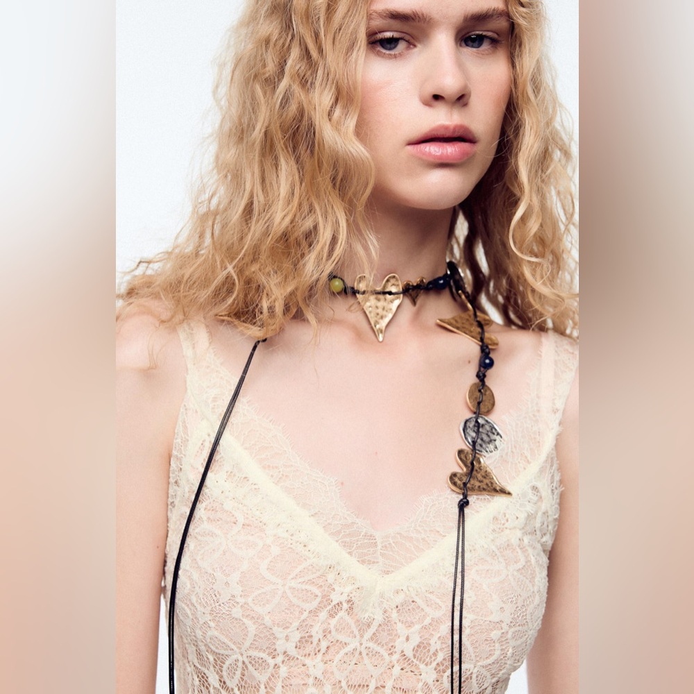 Zara Lace V-neck Semi-Sheer Midi Dress, Cream M NWT - Picture 4 of 16